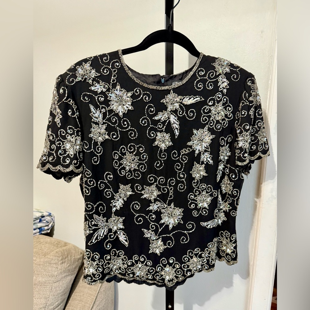 Adrianna‎ Papell Silk Beaded Sequined Black Top Evening Wear